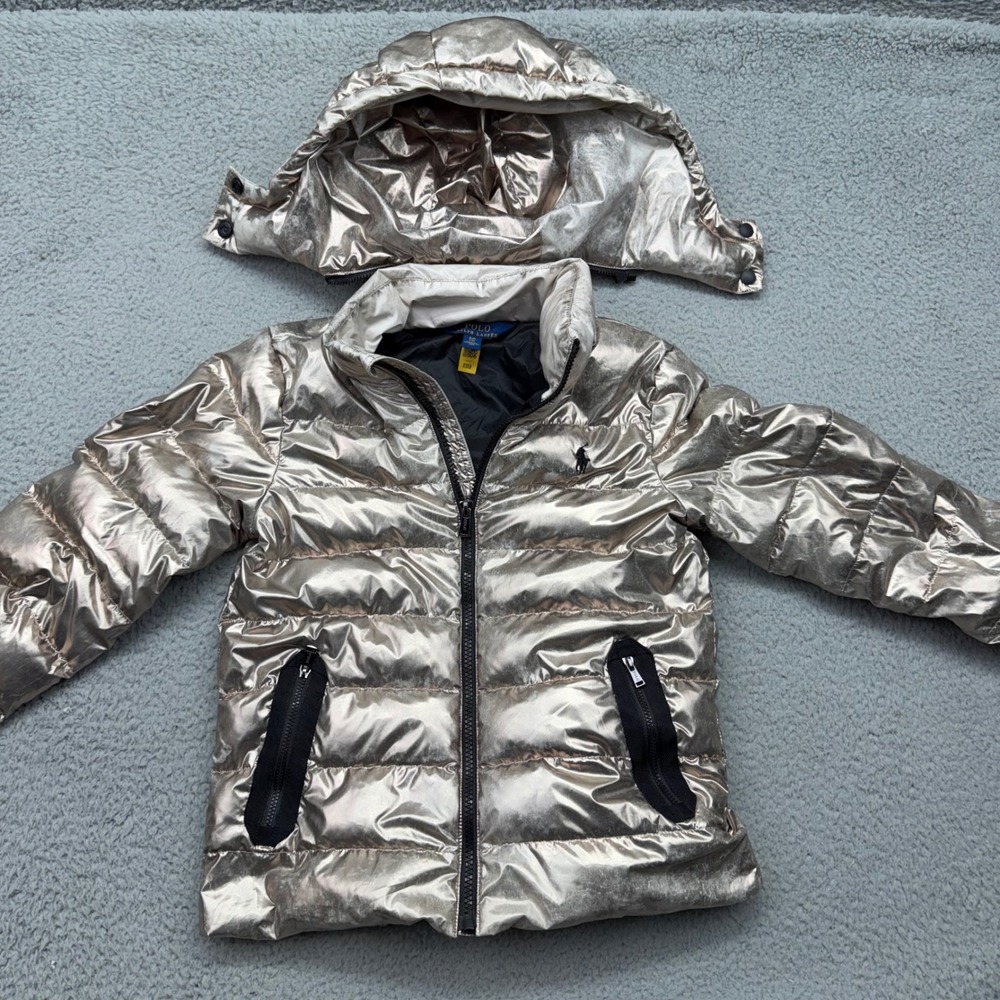 Polo Ralph Lauren Kids Size 7 Metallic Silver Hooded Puffer Jacket Winter Coat - Picture 8 of 16